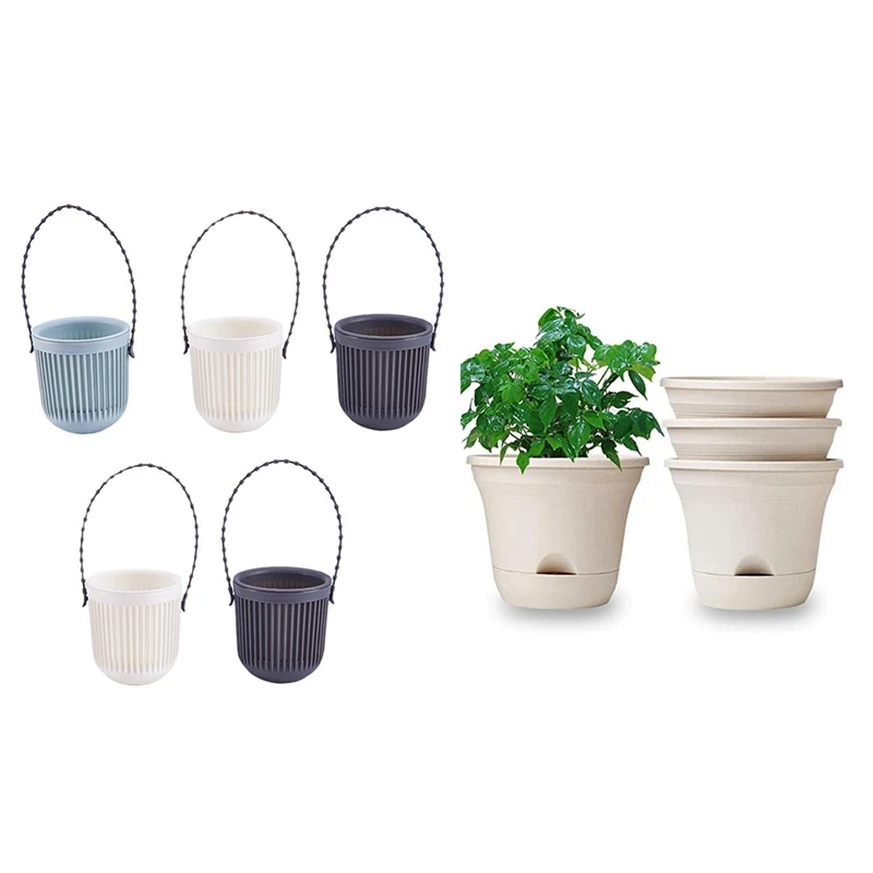 

5Pcs Hanging Orchid Pot Balcony Wall Hanging Flower Pot & 1 Set 7.5 Inch Automatic Watering Flower Pot With Tray