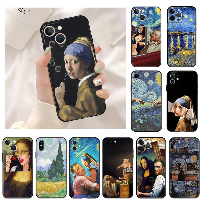 

Мягкие чехлы Ван Гога Мона Лиза для Apple iPhone 13 Pro Max 14 12 11 Mini SE 7 8 6 6s Plus XS X XR, черный матовый чехол