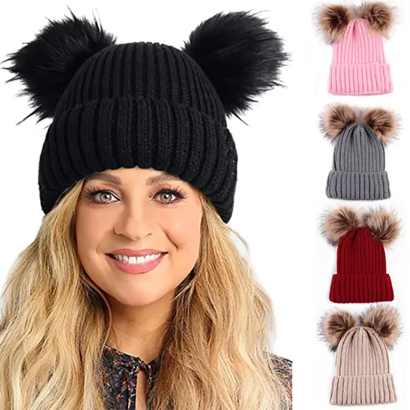 Fur Pom Pom Beanie Hat Women Winter Hats Knitted Wool Cap Skullies Beanies Women Girls Knitting Hat Fur PomPom Bonnets
