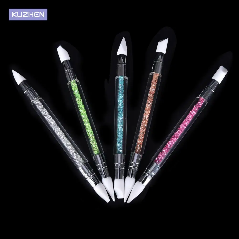 

Newest Rhinestone Crystal Nail Art Brush Pen Silicone Head Carving Emboss Shaping Hollow Sculpture Acrylic Manicure Dotting Tool