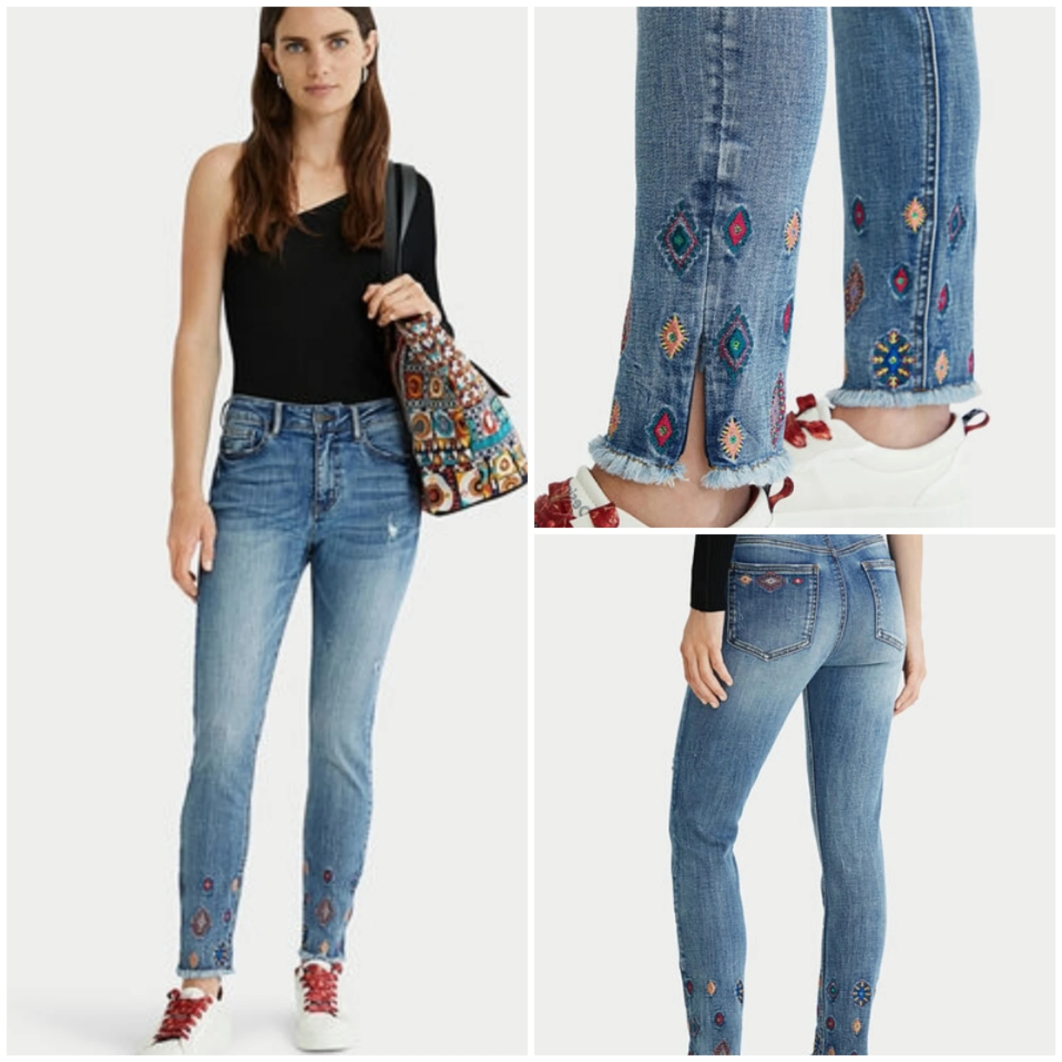 

Spanish desigual women's leggings, embroidered on both sides of the trouser legs, stretch jeans, slim printed cropped trousers