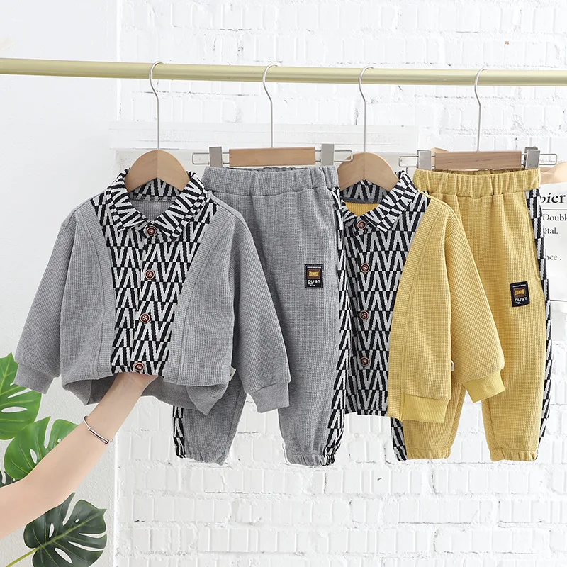 

2021 Winter Children Sets Long Sleeve Single Breasted Striped Yellow Gray Cute 2 Pcs Roupa Infantil Menina Clothes Sets 12M-5T