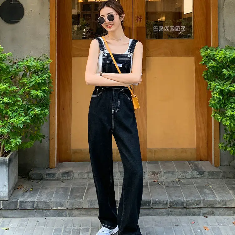 

Spring Women Denim Overalls Black Straight Wide Leg Jumpsuits 2023 Korean Streetwear Loose High Waist Summer Woman Thin Jumpsuit