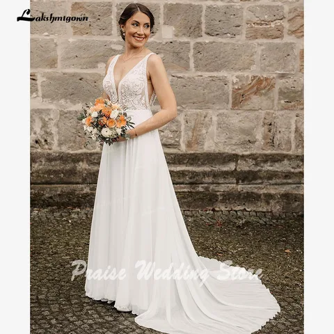 Lakshmigown Глубокий V-образный вырез кружевное шифоновое свадебное платье без рукавов с цветами для женщин 2024 свадебное платье vestido blanco boda
