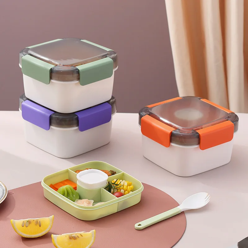 

Double-decker Microwave Heated Lunch Bento Box Plastic Food Storage Containers Portable Picnic Salad Bowl with Sauce Tank
