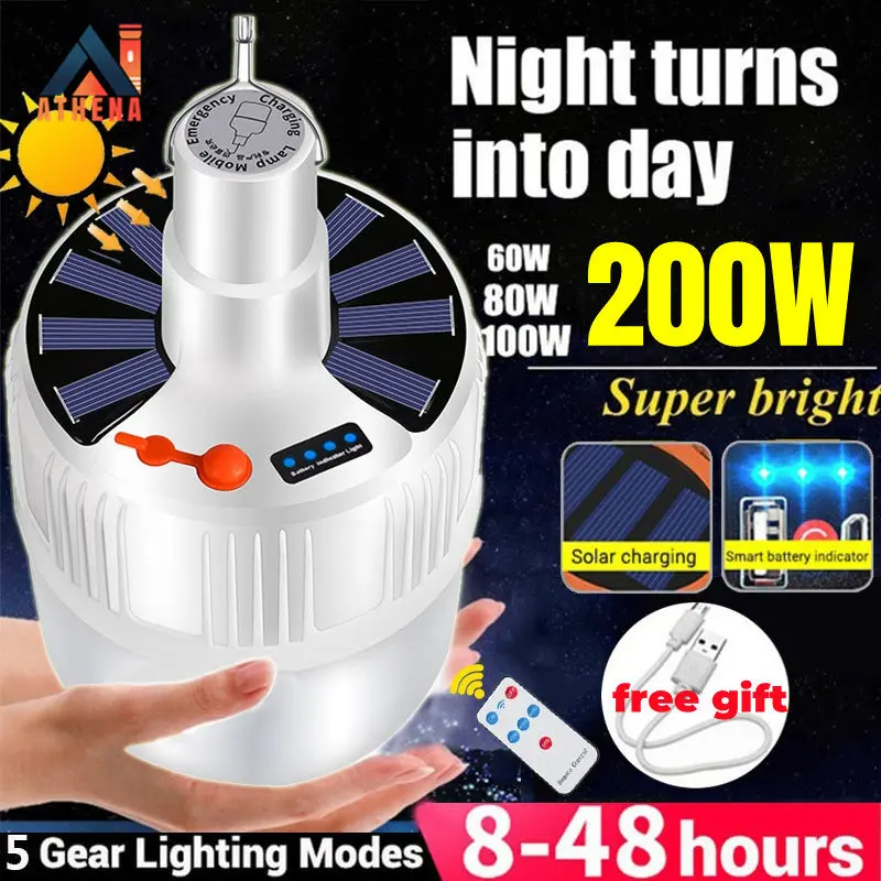 

Solar LED Bulb Rechargeable Lantern Portable Camping Tent Light Outdoor Lights With Remote Control Power Outage Emergency Lamp