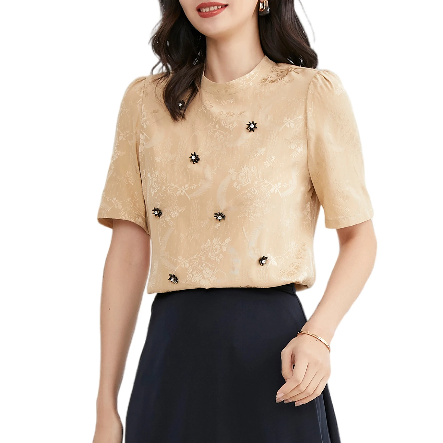 

Mulberry Silk T-Shirt Summer New Round Neck Dark Pattern Print Versatile Button Lace Casual Women's Short Sleeve Top