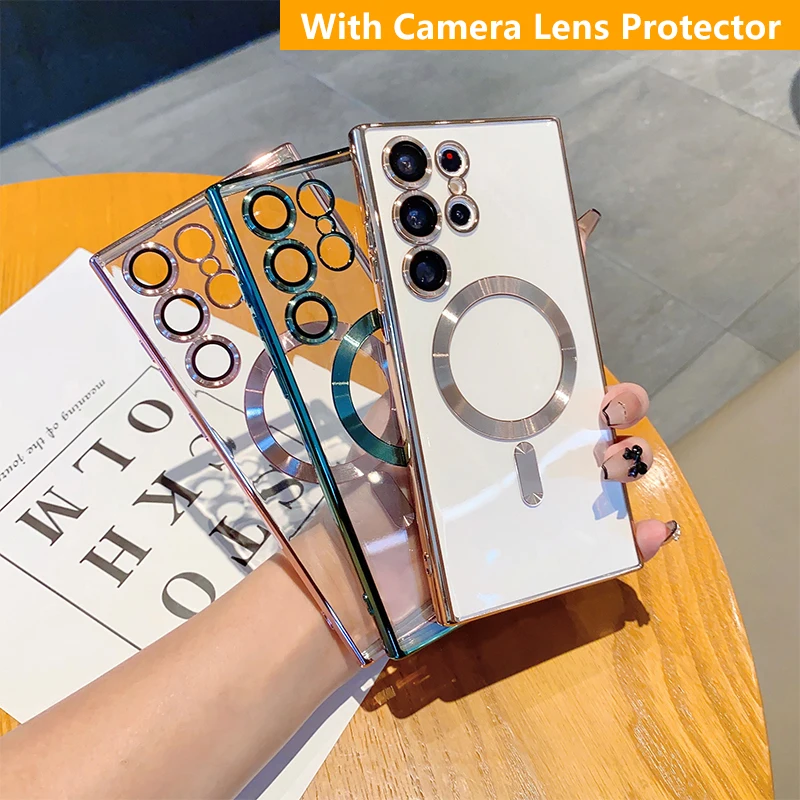 

Luxury Transparent Plating Magsafe Case For Samsung Galaxy S23 S22 S21 Ultra Plus Wireless Charge With Camera Lens Protect Cover