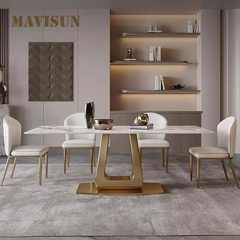 

Роскошные наборы для столовой, стальная Базовая пластина, кухонная мебель, глянцевая каменная доска, прямоугольная настольная, 70 дюймов, золотой обеденный стол