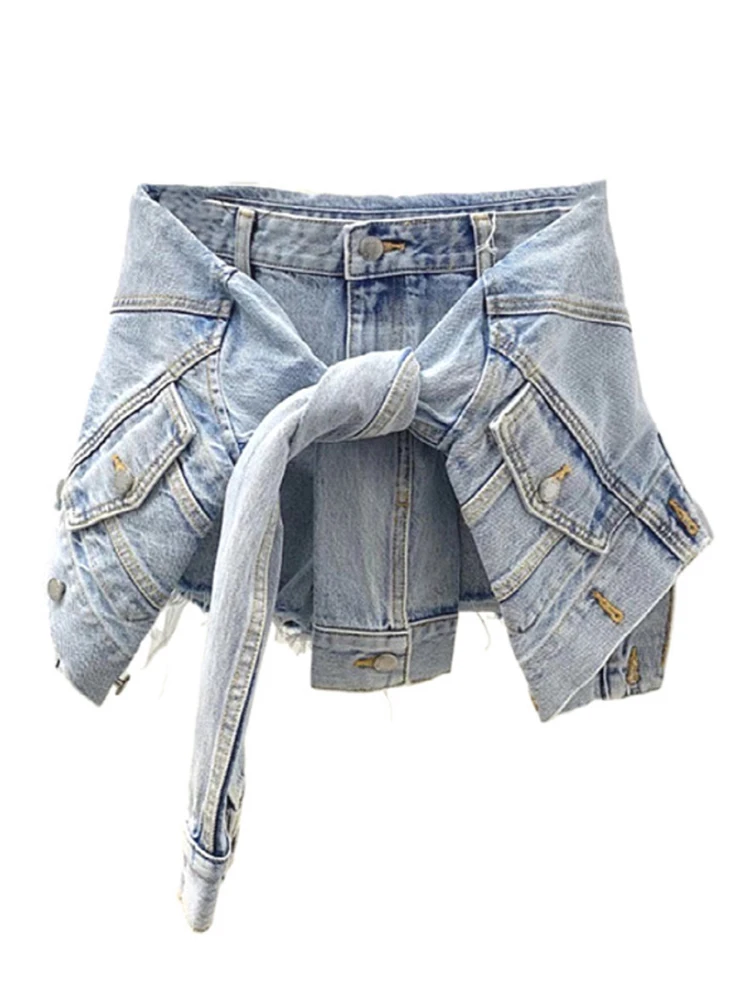 

DEAT 2022 New Women Fashion Slim Blue Patchwork Made Old Washed Fake Two-piece Denim High Waist Shorts Summer And Autumn 7E7052