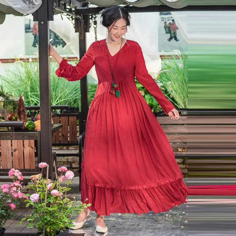 

A Life On The Left Women Dress Long Sleeve V Neck A Line Loose Pleated Design Side Pocket Elegant Vintage Red Mid-length Skirt