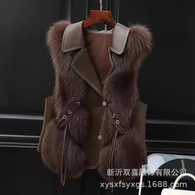 Autumn and winter new warm casual splicing women's fur grass vest