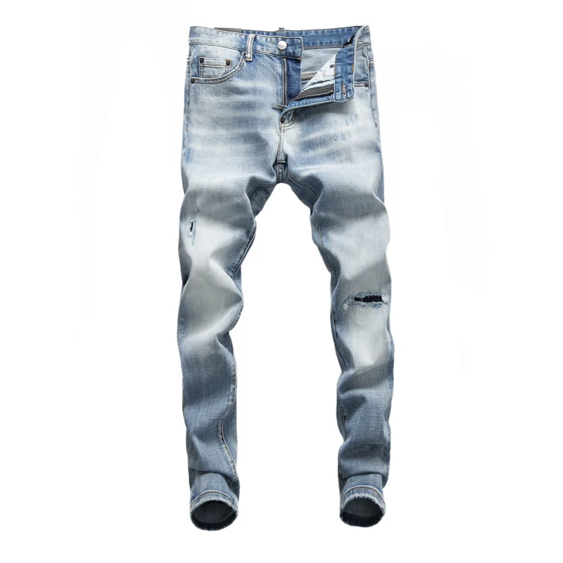 Street Fashion Men Jeans High Quality Retro Light Blue Elastic Slim Ripped Jeans Men Vintage Designer Denim Brand Pants Hombre