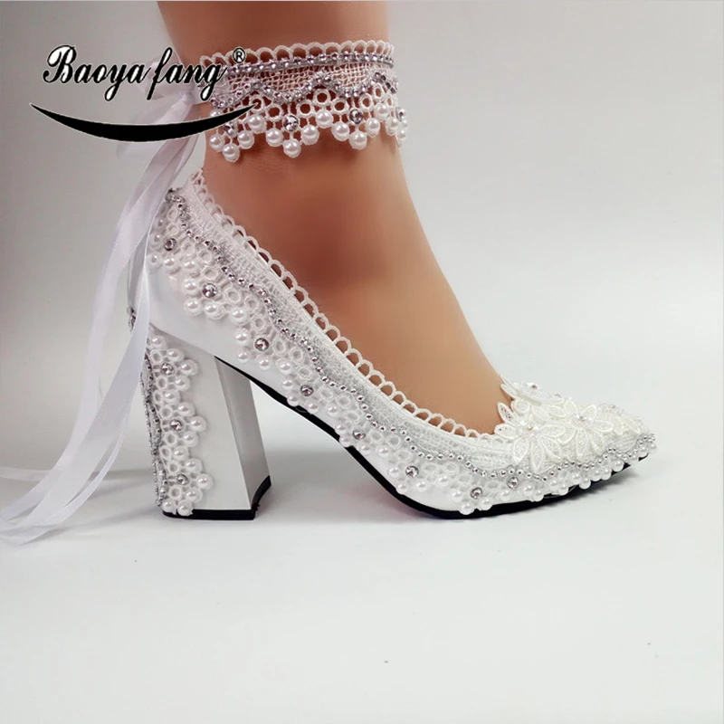 

BaoYaFang New Arrival Thick Heel Pointed Toe Womens Wedding Shoes High Heels ladies fashion shoes woman White Lace ankle strap