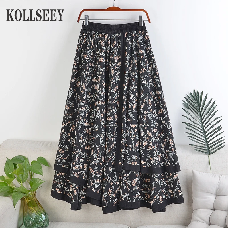 KOLLSEEY Brand Girl's Skirt Women's Summer and Spring Skirt Stretch High Waist A-line Long Skirt Print Asymmetric Skirt enlarge