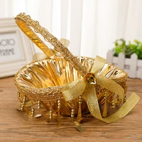 gold silver hand held flower basket movable handle wedding flower girl flower basket wedding gift basket lace pearl rhinestone