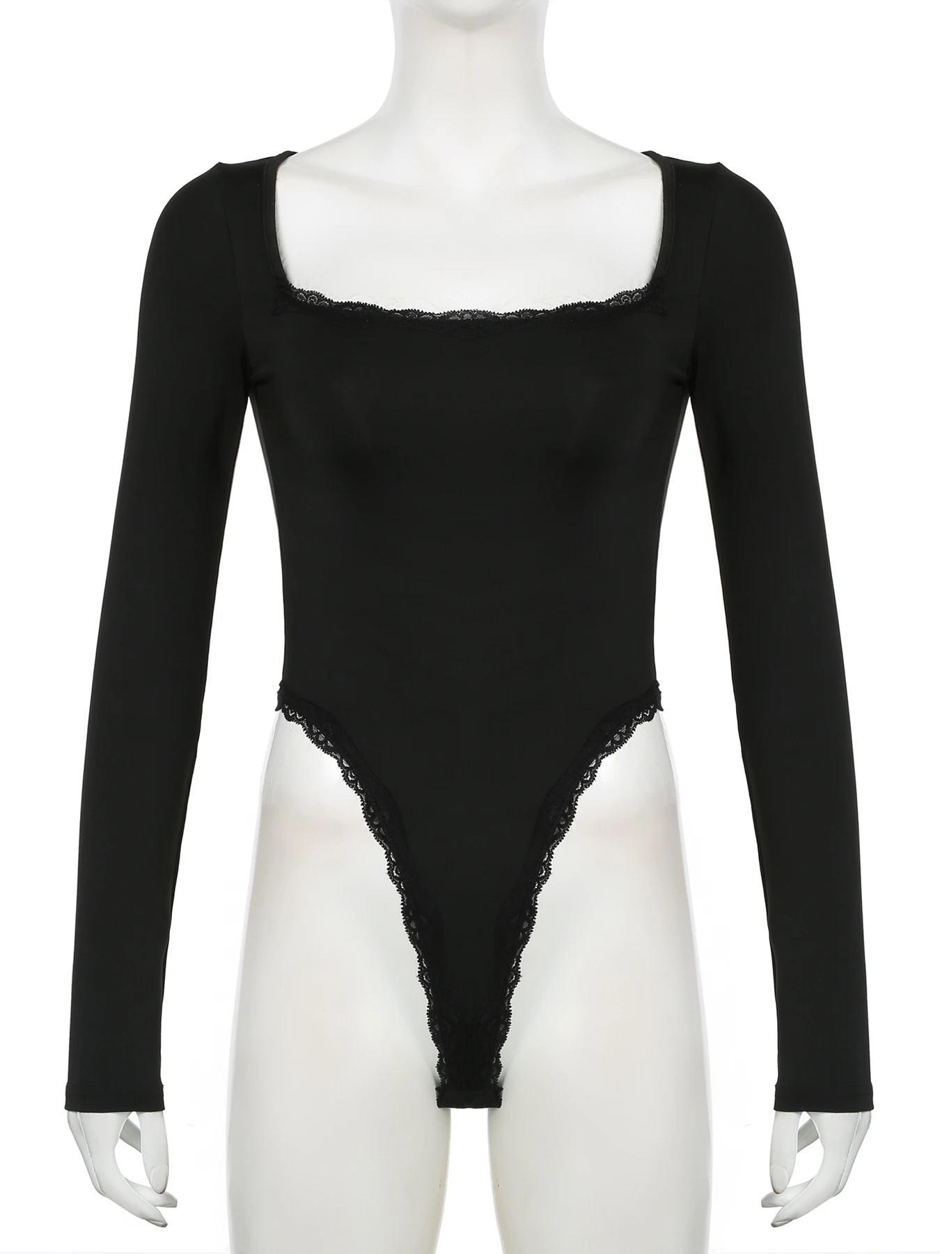 Женское боди с кружевной отделкой квадратным вырезом и длинным рукавом