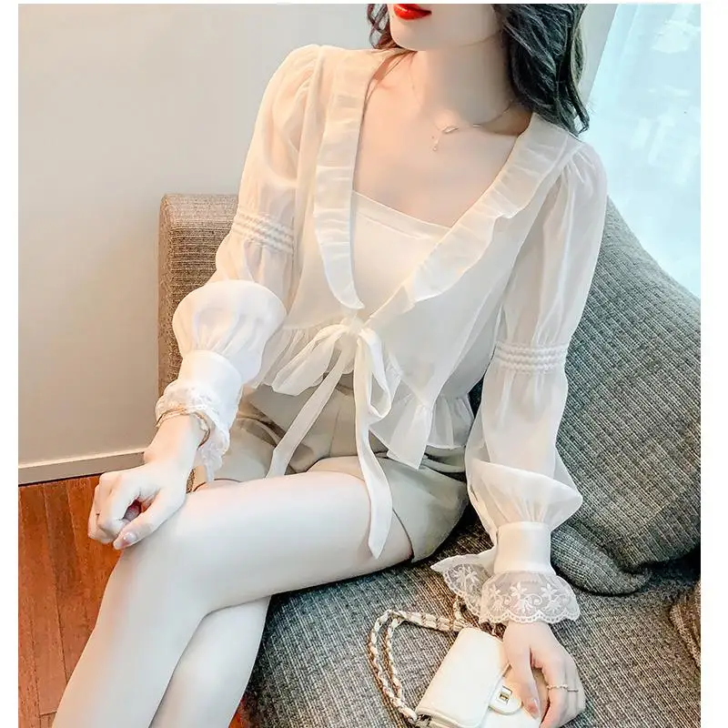 

Shrugs Women Design Sexy All-match Thin Cape Ruffles V-neck Belt Long Sleeve Bolero Breathable Ulzzang Sun-proof Cardigan Mujer
