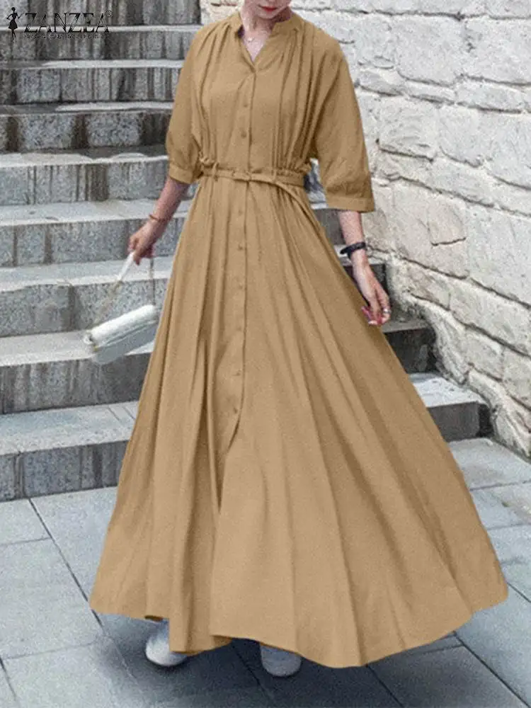 

ZANZEA 2023 осеннее длинное платье-рубашка, женское свободное платье с рукавом до локтя, модное платье с воротником-стойкой и присборенной талией, длинное платье, повседневные платья
