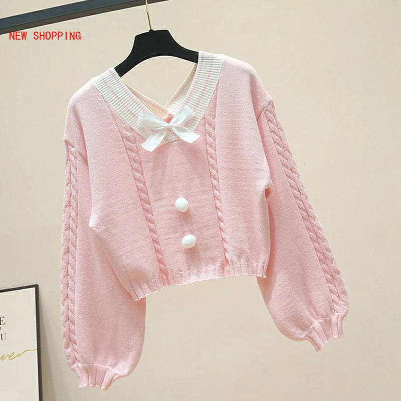 

Kawaii Cute Candy Color Bow Sweaters Short Women Fall New Sweet V-neck Knit Pullovers Woman Lantern Sleeve Crop Sweater Knitwear