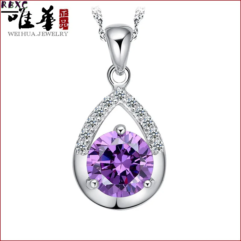 

RBXC Trendy Tibetan Silver S925 Fashion Jewelry Purple Geometric AAA Zircon Pendant Necklaces Simple Gift For Women Gift