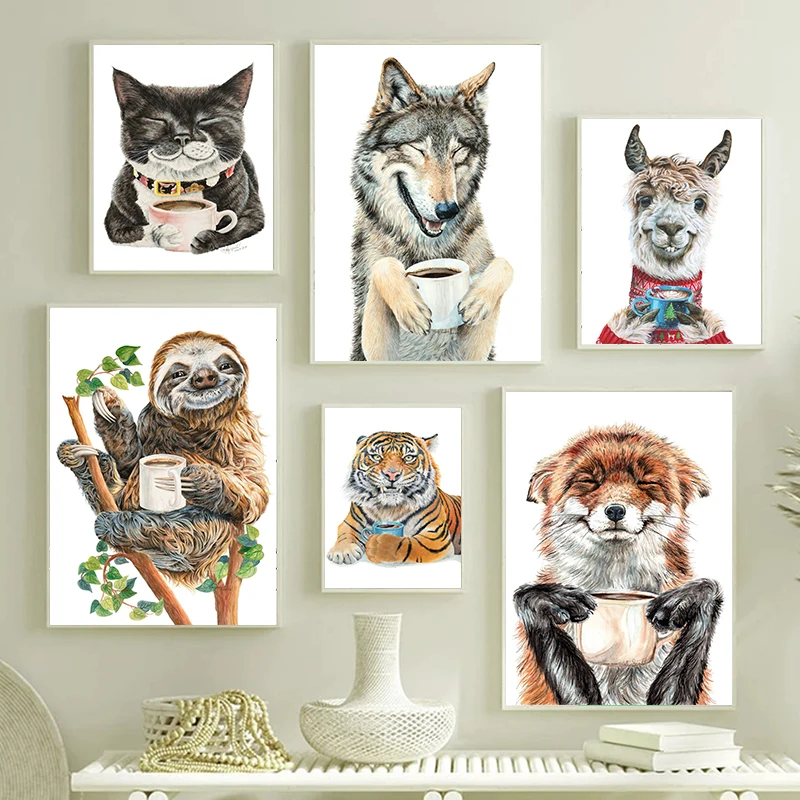 Забавные животные Тигр Сова собака Кот питьевой кофе постер холст живопись лама латте кофе искусство картина для украшения Кофейни