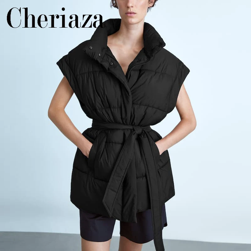 

Cheriaza Autumn Winter Woman Black Stand Collar Casual Vest Warm Waistcoat Solid Zipper Pocket Vests Belt Waist Top Sleeveless
