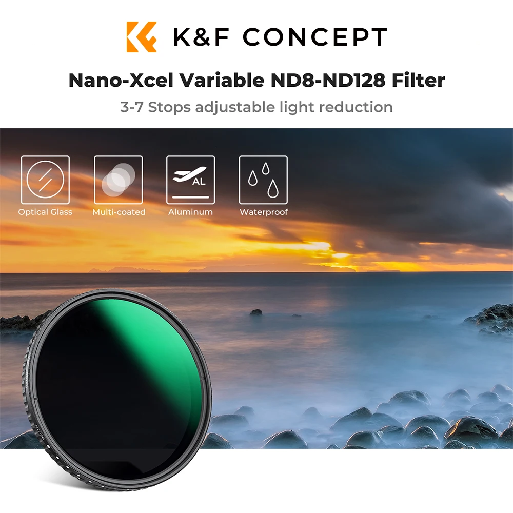 Фото Варийный ND-фильтр K&F Concept Nano-X ND8-128 (3-7 ступеней) без X-образного перекрестного узора для объективов камер 37-82 мм №1