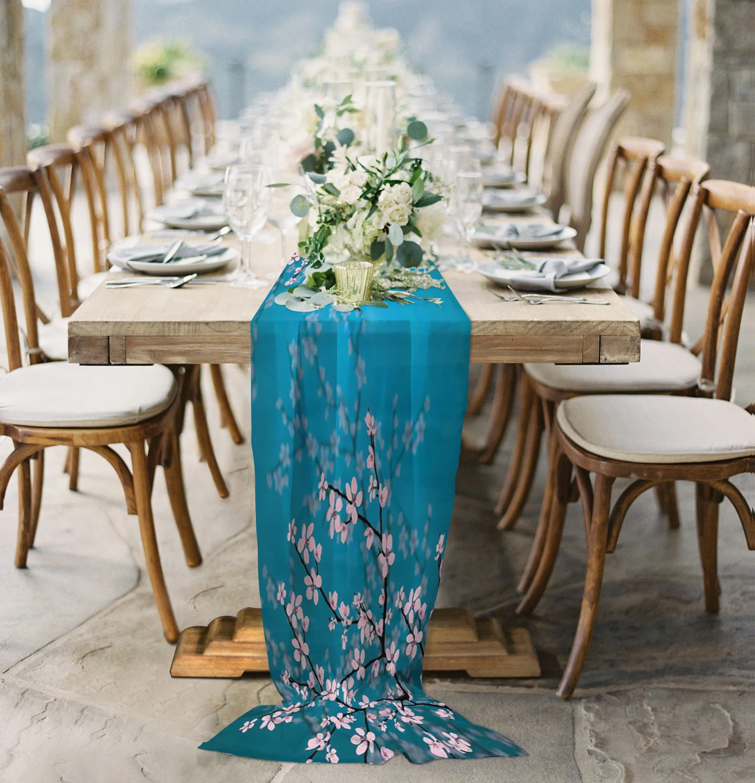 

Pink Cherry Blossom Flowers Beautiful Chiffon Table Runner for Wedding Celebration Banquet Festival Party Backdrop Decor