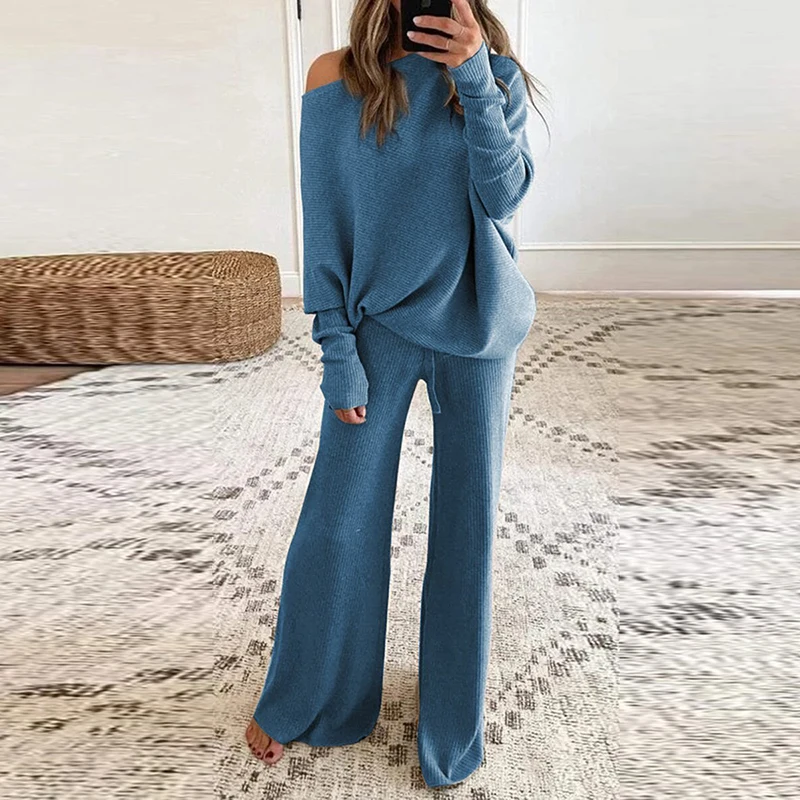 Women's 2-piece Set Spring and Autumn Loose One-shoulder Pullover Top Wide-leg Pants Sports Suit Ladies Casual Soft Sportswear