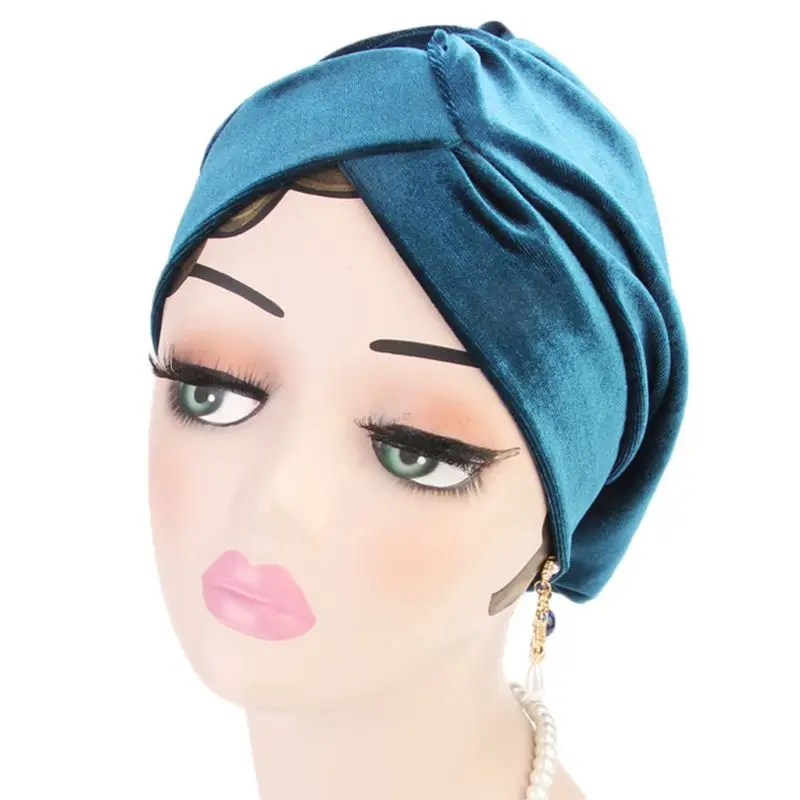 Women Velvet Turban Retro Knotted Twist Muslim Hijab Hat Solid Glitter Chemo Cap