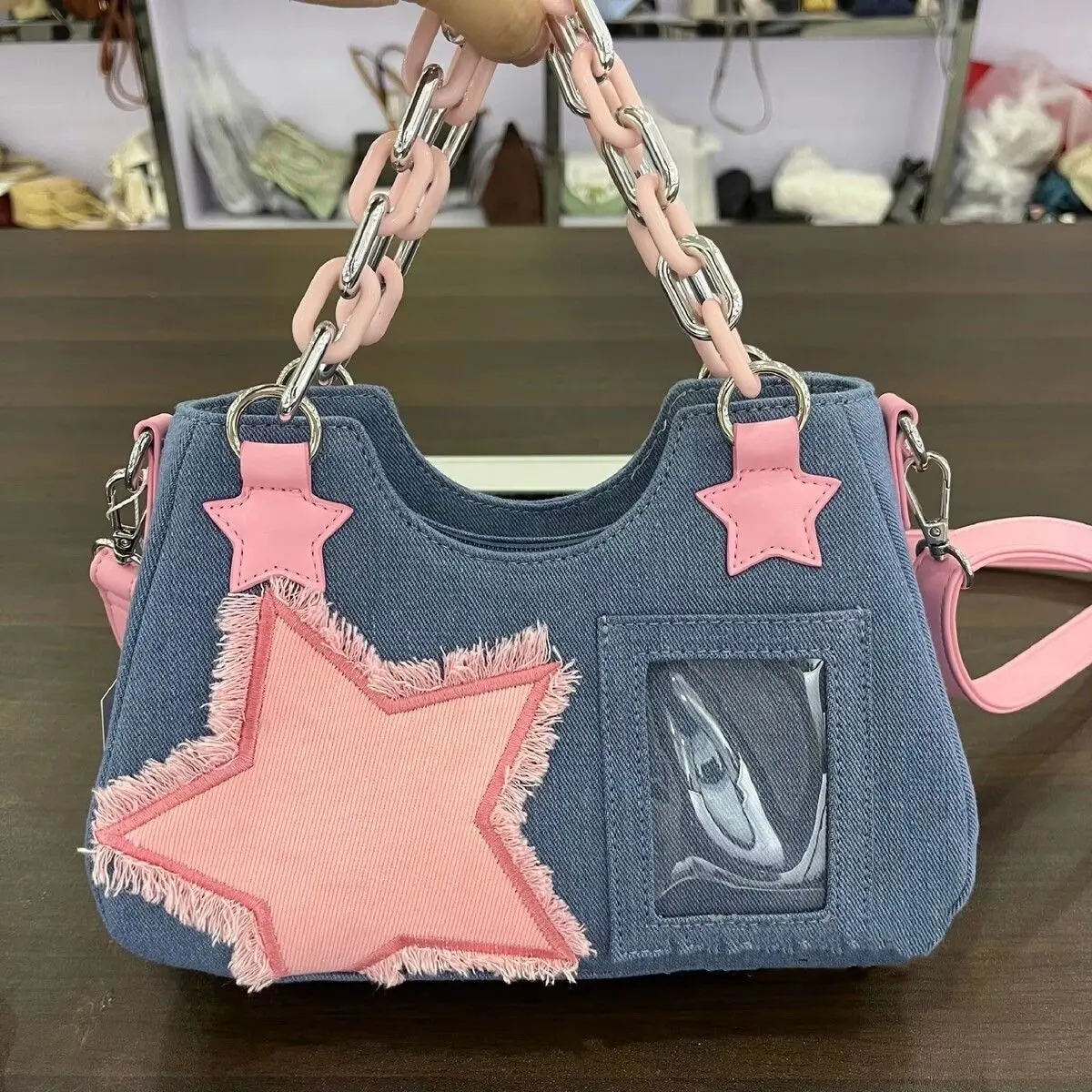 Y2K Vintage Korean Fashion Shoulder Underarm Harajuku Star Tote Denim Bag Chain Ladies Bags Zip Purses Bagutte Handbags Women