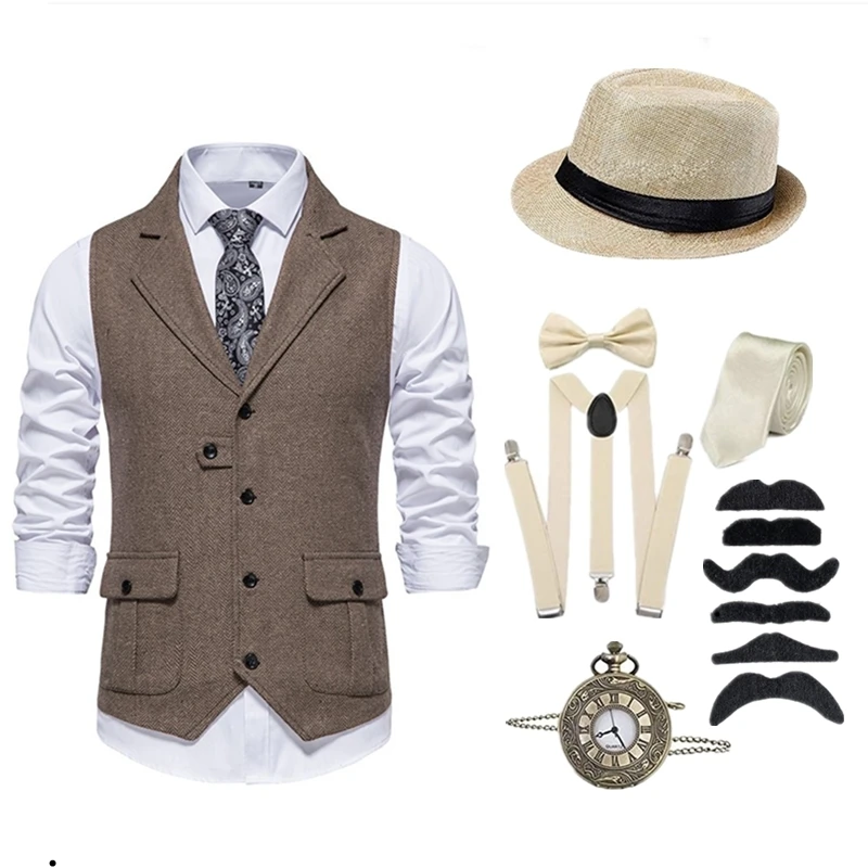 Men's Gangster Costume And Accessories Set Steampunk WaistCoat Vest Pocket Watch 1920s Men Gatsby Cosplay Outfit images - 6