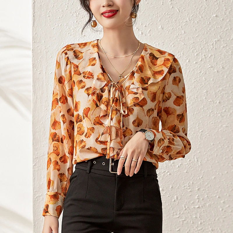 100% Real Silk Women's Blouse Fashion Woman Blouses 2022 Summer Autumn Elegant Shirts For Women Loose Tops V-neck Female Shirt