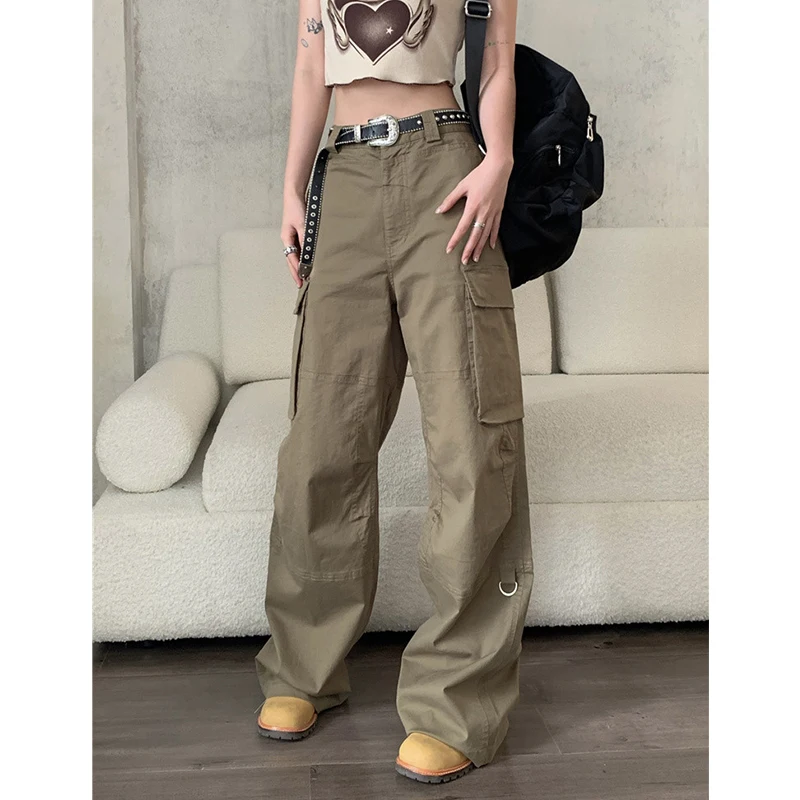 

Women's Bottoms Green Street Cargo Pants Pocket Vintage High Waist Casual Straight Wide Leg Baggy Denim Trouser Ladies Summer