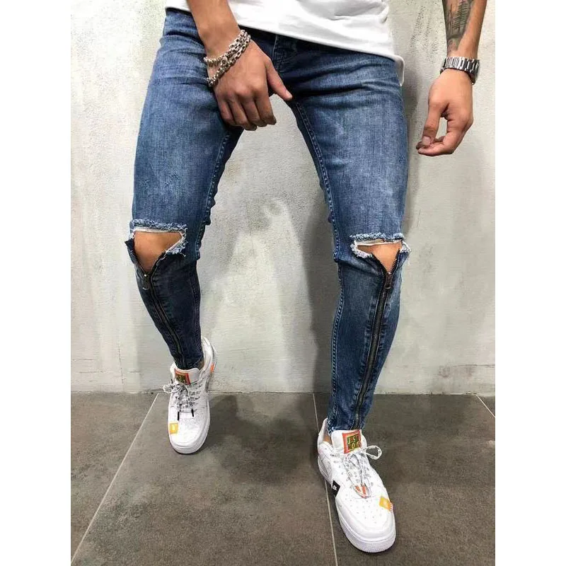 Men Jeans Ripped Skinny Hole Trousers Stretch Slim Denim Pants Large Size Hip Hop Black Blue Casual Zipper Jogging Jeans For Men