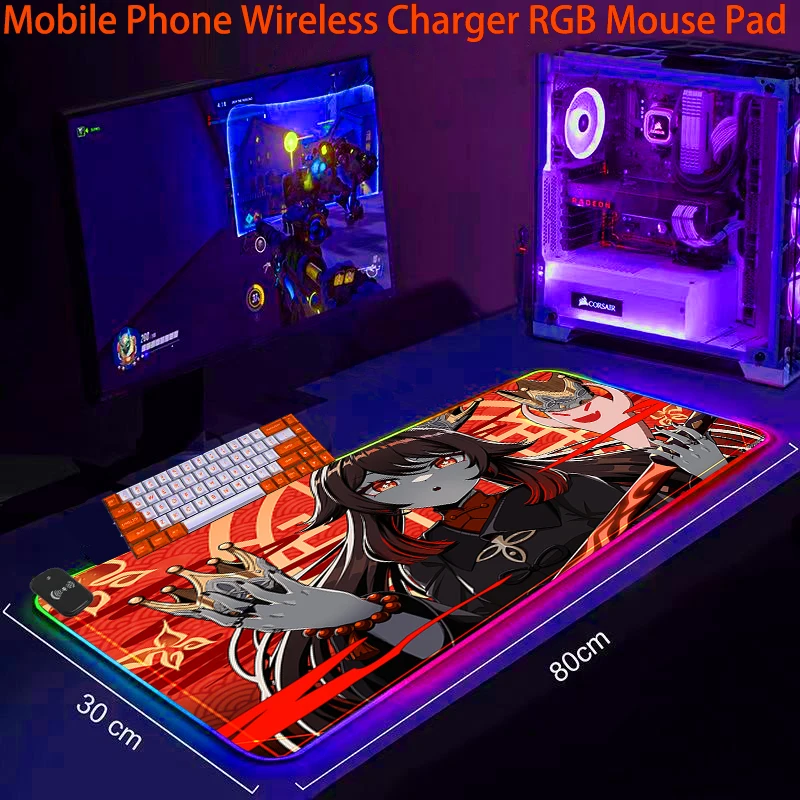 

Anti-skid Genshin Impact Phone Wireless Charging RGB Mouse Pad LED Gaming Mousepad Office Accessories Laptop Cool Keyboard Mat