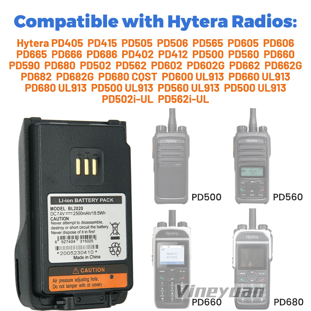 Сменный литий-ионный аккумулятор BL2020 емкостью 2500 мАч для HTY Hytera PD500 PD502 PD505 PD560 PD602