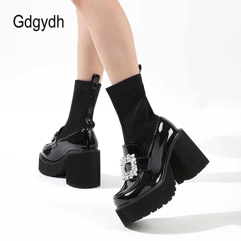 Gdgydh Rhinestone Platform Mid Calf Boots Chunky Heels Patent Elastic Sock Boots Slip On Comfortable Lolita Shoes for Student