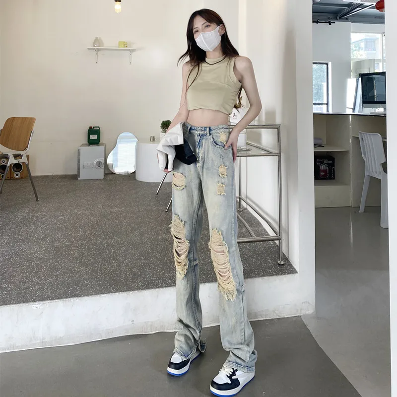 Broken Straight Jeans Women's 2023 New High-waisted Skinny Hong Kong Style Wide Leg Mop Pants