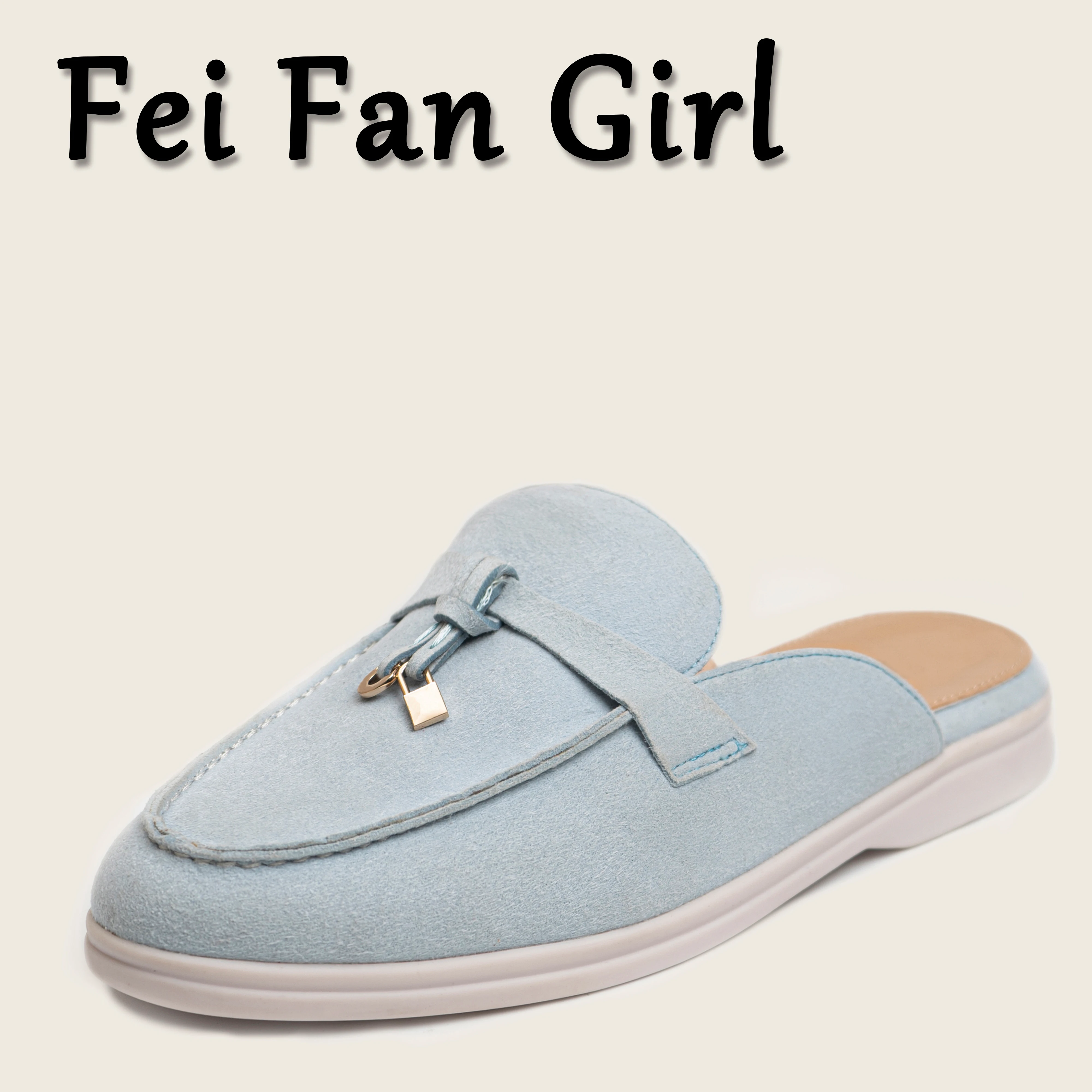 Spring and Autumn Real Leather Bag Head Half Slippers, Women's New Metal Lock Design Loafers Women Flats Shoes Man