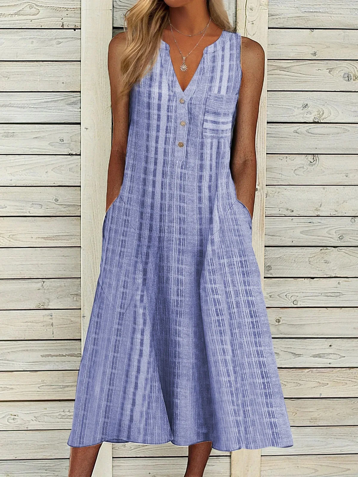 

Chic and Elegant Woman Dress New Style Dress Fashion Pocket V-neck Middle Waist Vestidos Sleeveless Striped Dress Free Shipping