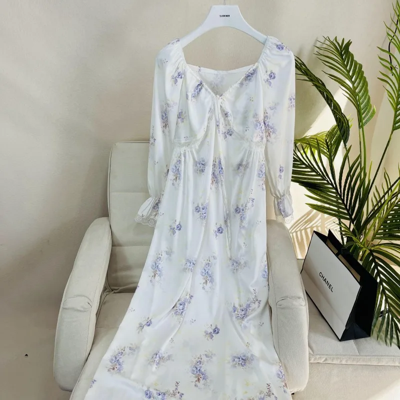 Female Long Nightgown Sleepwear Retro French Palace Style Nightdress Bathrobe Gown Loose Print Flower Lace Home Wear Nightwear