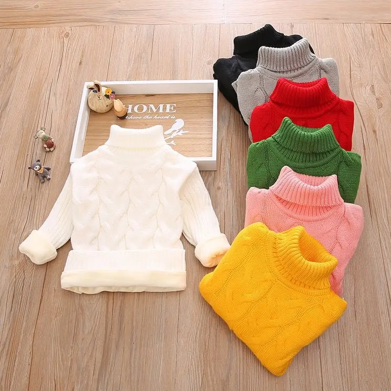 

Add Plush Pure Color Winter Boy Girl Kid Thick Knitted Bottoming Turtleneck Shirts Solid High Collar Pullover Sweater 아동니트