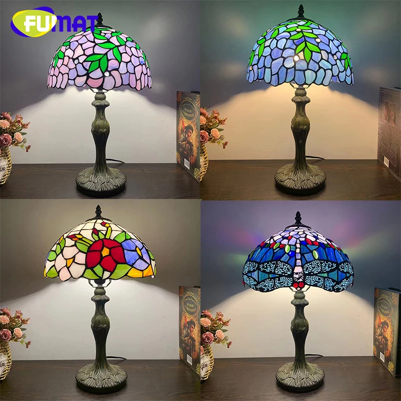 

FUMAT Tiffany stained glass Table Lamp Violet Pastoral style living room study bedroom eye protection light Decorative light