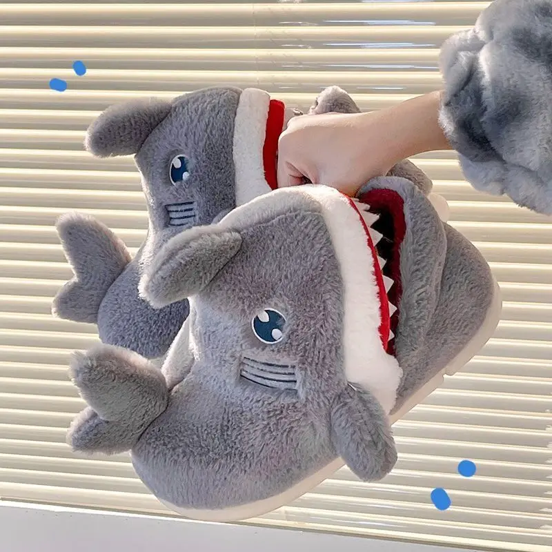 Plus Size 36-45 Men's Plush Shark Slippers for Adults Indoor Slip On Fuax Fur Loafer Shoes non-slip Cartoon Animal Fish Slippers