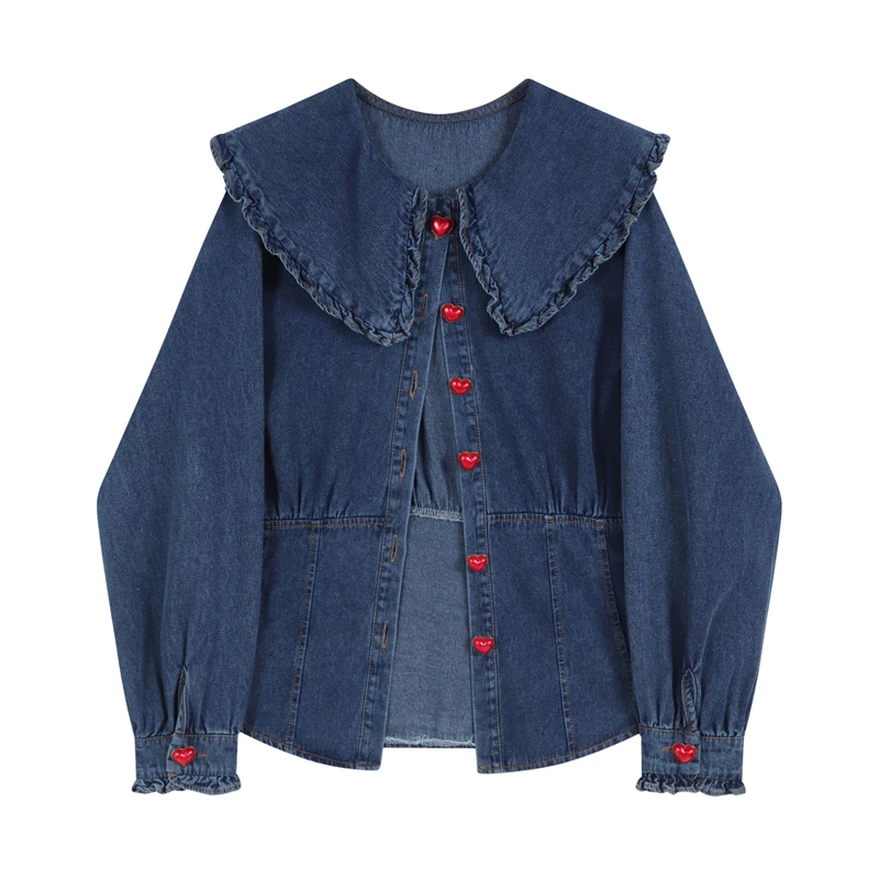 

2022 Autumn Kawaii Denim Shirt Coat Women Peter Pan Collar Long Sleeve Pocket Cardigan Jean Jacket Harajuku Cowboy Outwear Tops