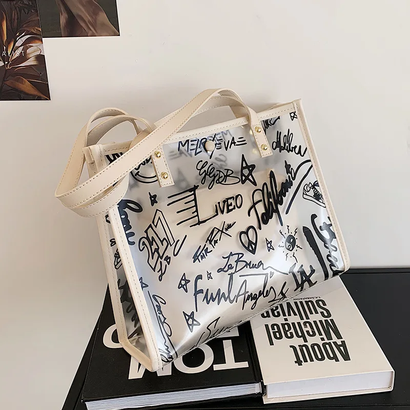 

Bag Sets For Women Jelly Frosted Transparent Graffiti Bag Summer New Fashion Shoulder Bag Large Capacity Tote Bag Shopping bag