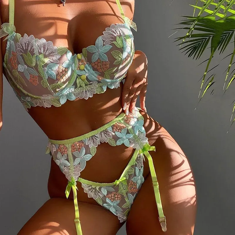 Sexy Green Lingerie Floral Embroidery Erotic Underwear Set Lace Transparent Brief Sets Underwire Bra Garters and Thongs Summer
