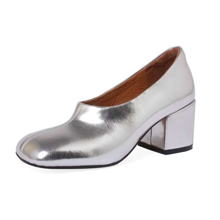 Sexy Chunky Heels Silver Pump 2022 Female Party Dress Woman Shoes Big Size 34-42 Spring Single Square Toe Real Leather Pumps